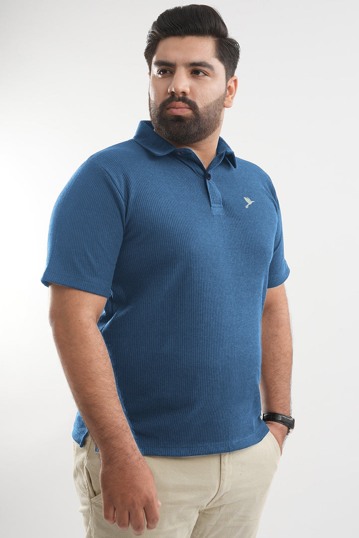 Cerulean Blue Waffle Knit Jacquard Polo Shirt (Plus Size) - S25 - MP0659P