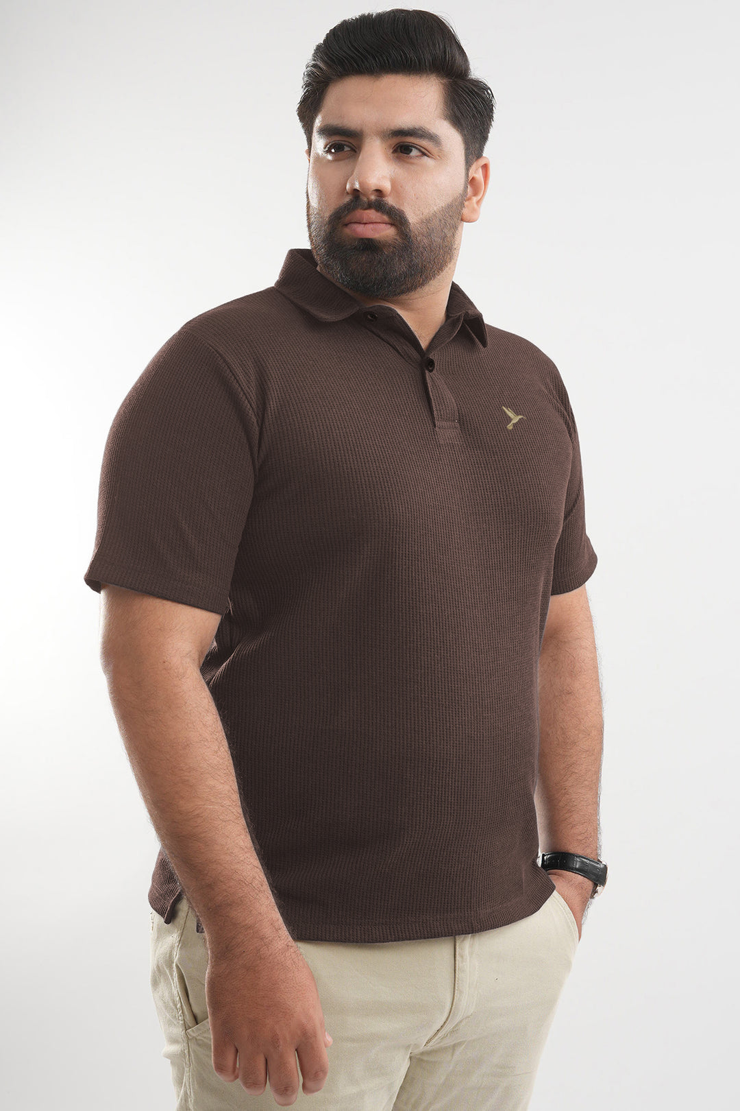Brown Waffle Knit Jacquard Polo Shirt (Plus Size) - S25 - MP0658P