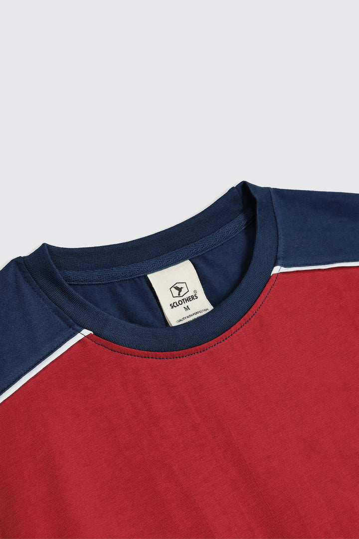 Red & Navy Blue Paneled Embroidered T-Shirt - W23 - MT0279R