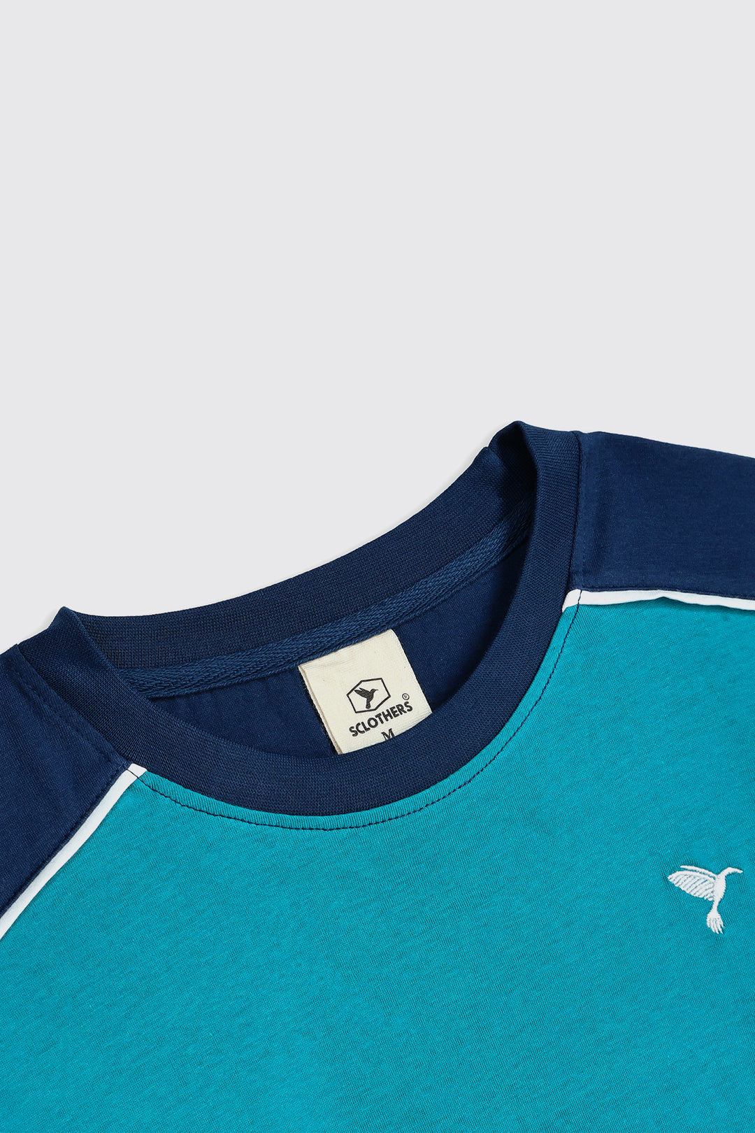 Aqua Green & Blue Paneled Embroidered T-Shirt (Plus Size) - W23 - MT0278P