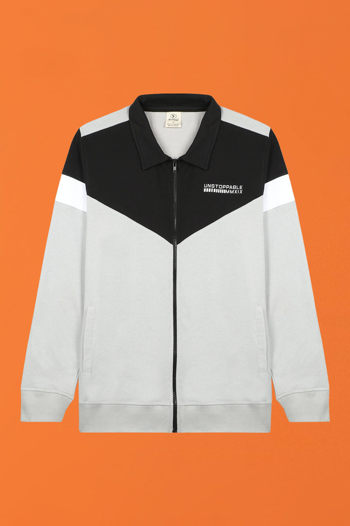 Grey Contrast Panelled Zipper Jacket (Plus Size) - W23 - MJ0016P