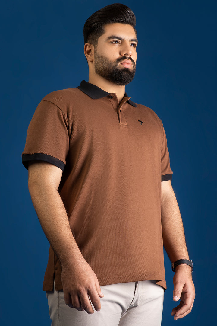 Brown Ribbed Knitted Polo Shirt  (Plus size) - A24 - MP0244P