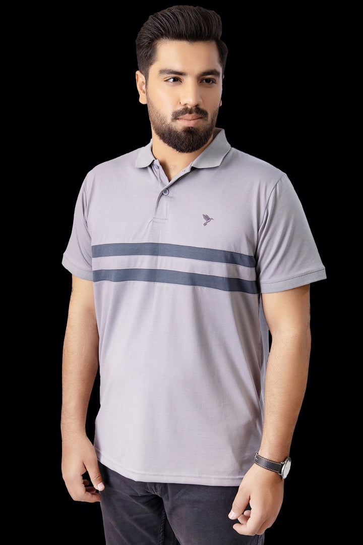 Grey Contrast Panelled Embroidered Polo Shirt (Plus Size) - A23 - MP0209P