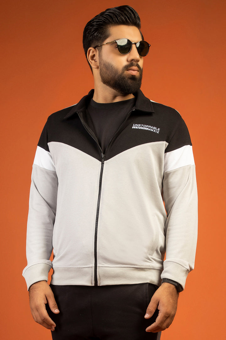 Grey Contrast Panelled Zipper Jacket (Plus Size) - W23 - MJ0016P