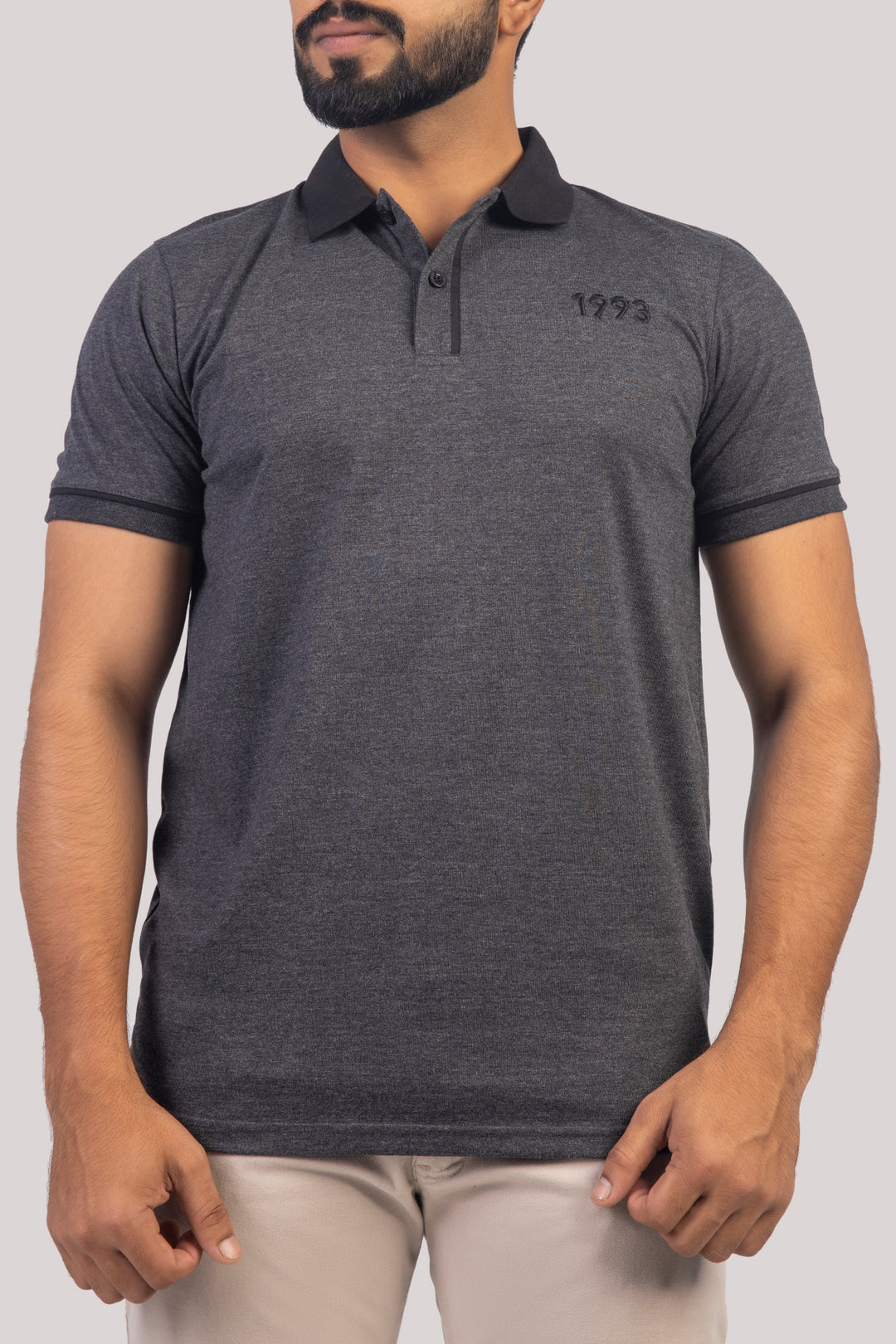 Charcoal Melange Contrast Embroidered Polo Shirt - A23 - MP0210R