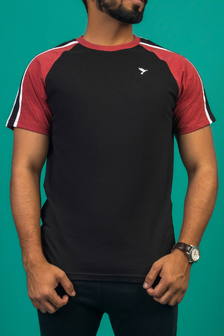 Black & Maroon Melange Paneled Raglan T-Shirt - A23 - MT0283R