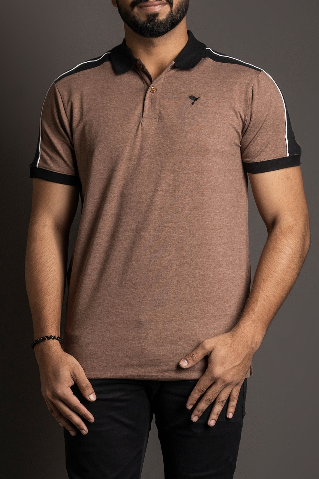 Brown Melange Embroidered Polo Shirt - A23 - MP0179R