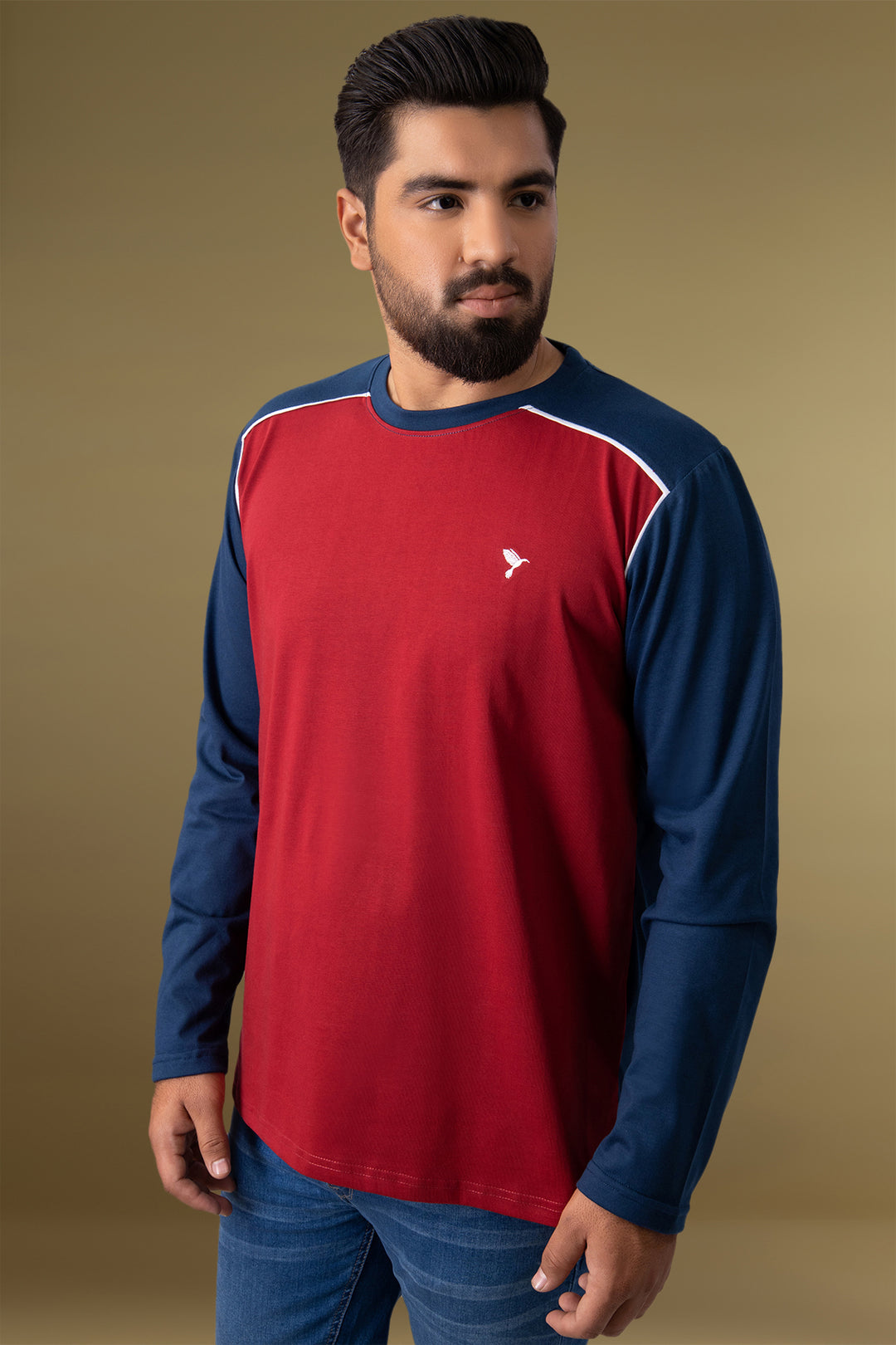 Red & Navy Blue Paneled Embroidered T-Shirt (Plus Size) - W23 - MT0279P