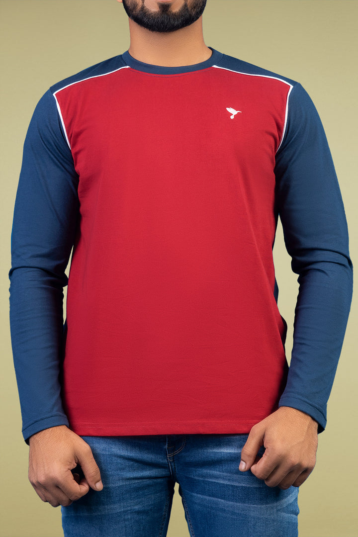 Red & Navy Blue Paneled Embroidered T-Shirt - W23 - MT0279R