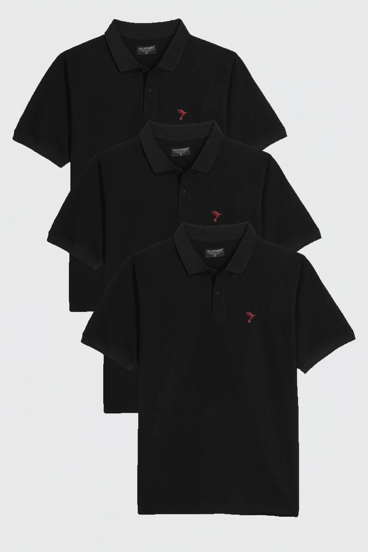 Pack of 3 Basic Black Embroidered Polo Shirt (Plus Size) - S25 - MP0800P