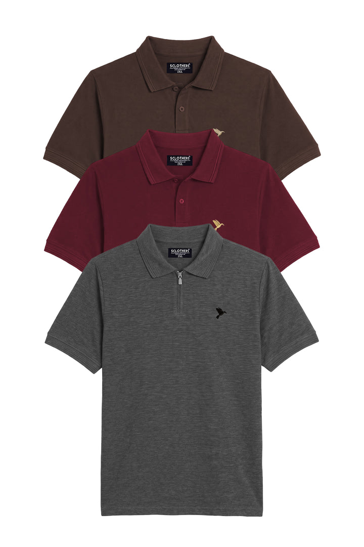 Pack of 3 Plus Size Polo Shirts Brown, Charcoal & Maroon (Plus Size) - A26 - MP0650P