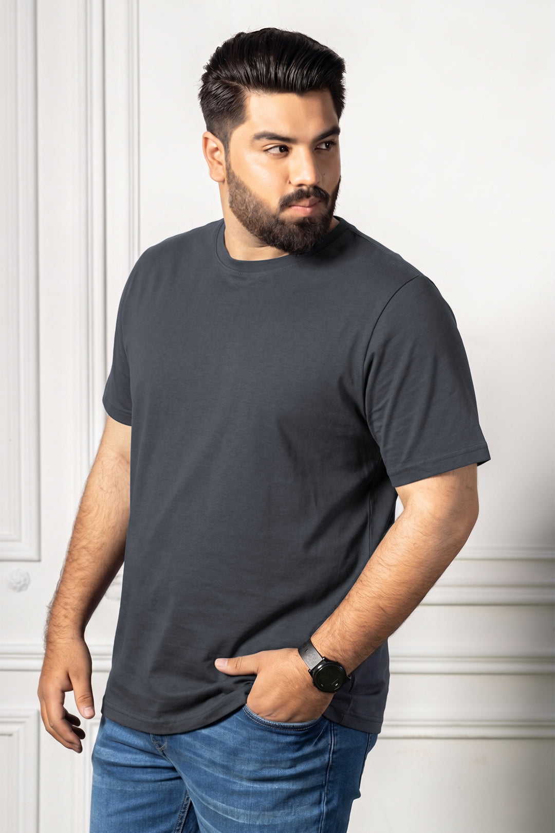 Dark Grey Crew Neck Jersey T-Shirt - (Plus size) - S26 - MT0531P