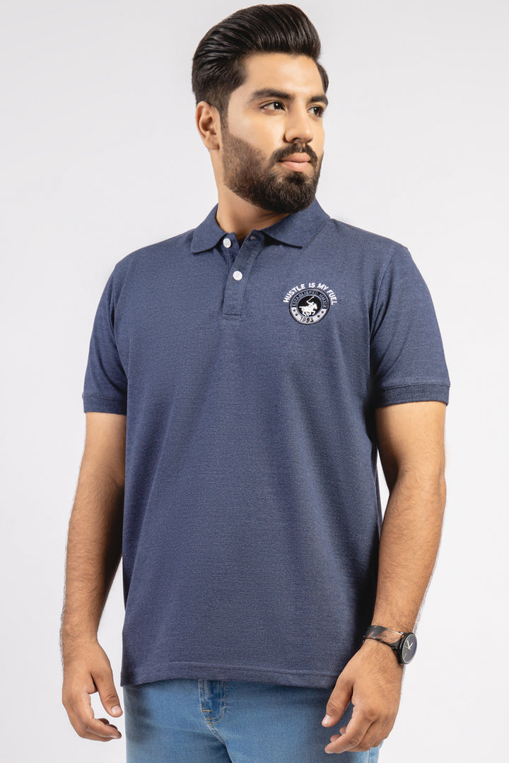Navy Blue Melange Embroidered Polo Shirt (Plus Size) - S23 - MP0235P