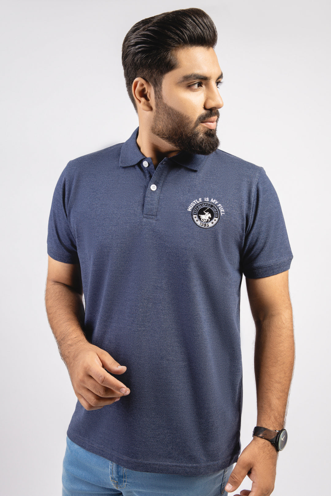 Navy Blue Melange Embroidered Polo Shirt (Plus Size) - S23 - MP0235P