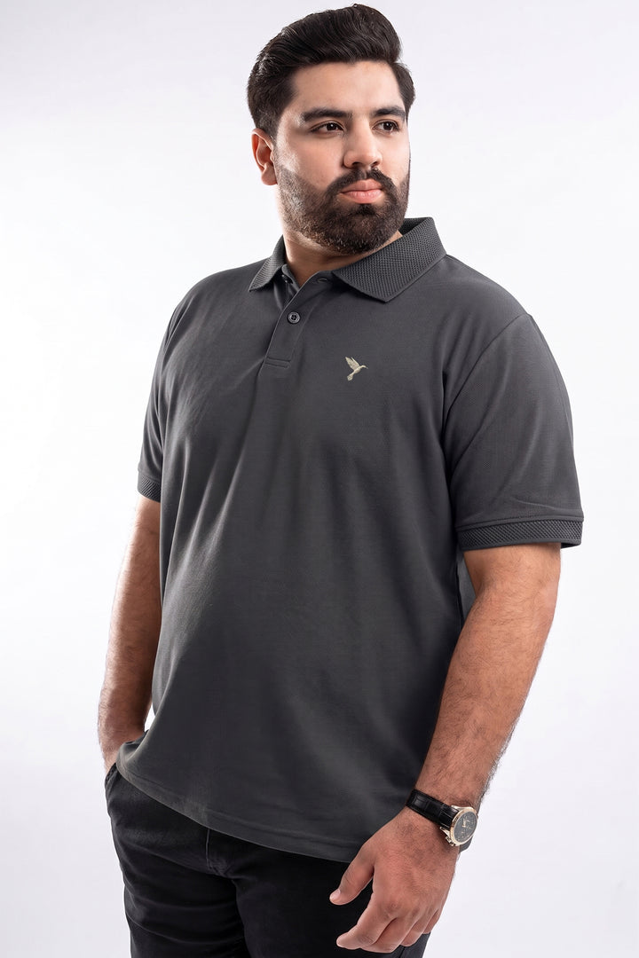 Essential Grey Pique Polo with Textured Collar (Plus Size) - S26 -MP0575P