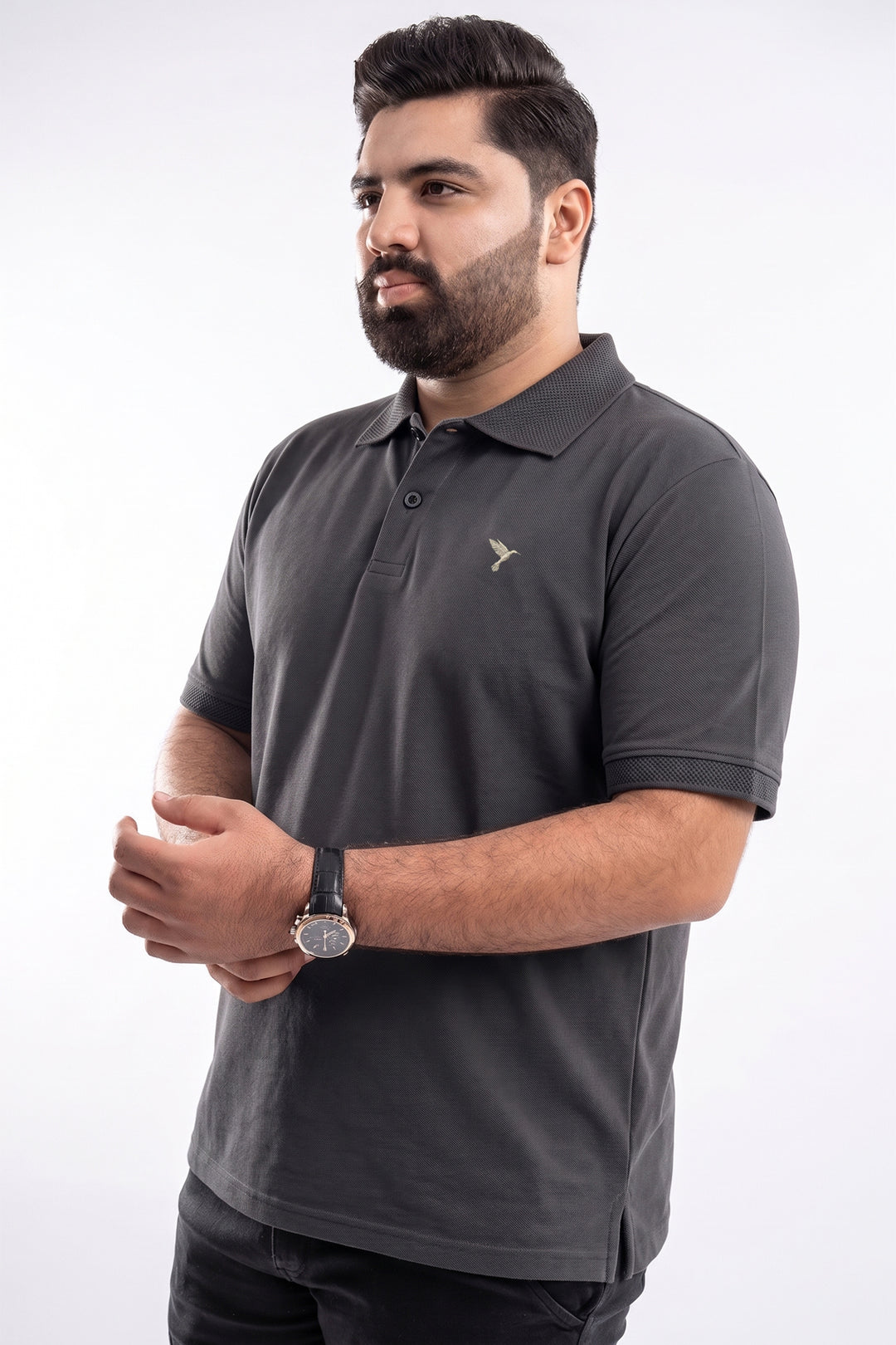 Essential Grey Pique Polo with Textured Collar (Plus Size) - S26 -MP0575P