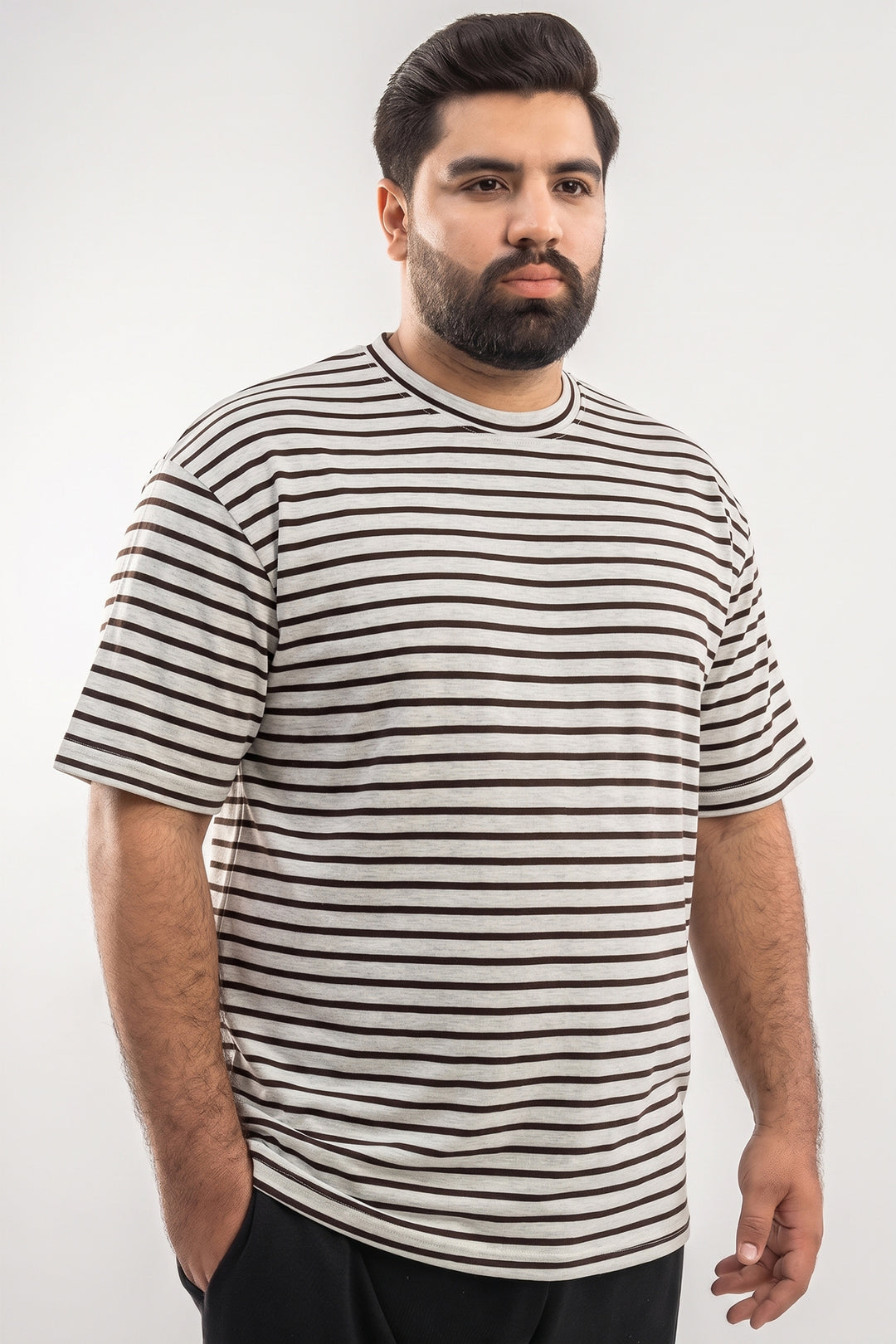 H.Grey & Brown Yarn Dyed Oversized T-shirt – (Plus Size) - S26 - MT0516P