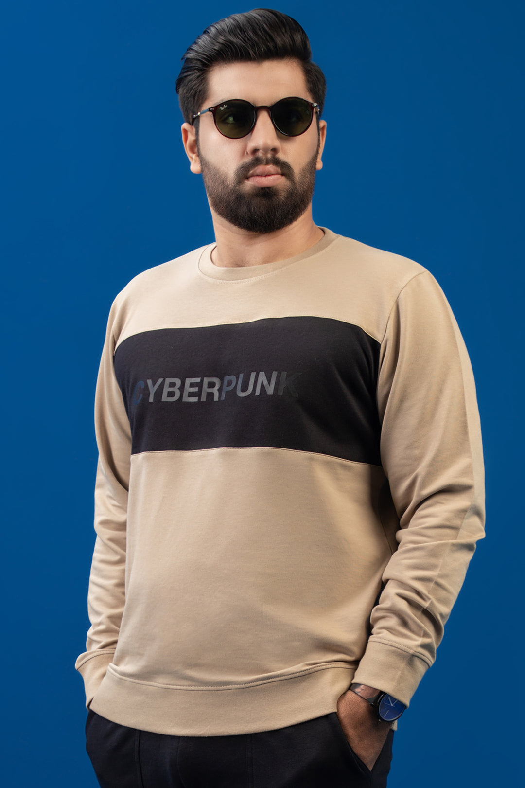 Black Paneled CyberPunk Printed Sweatshirt (Plus Size) - W23 - MSW075P