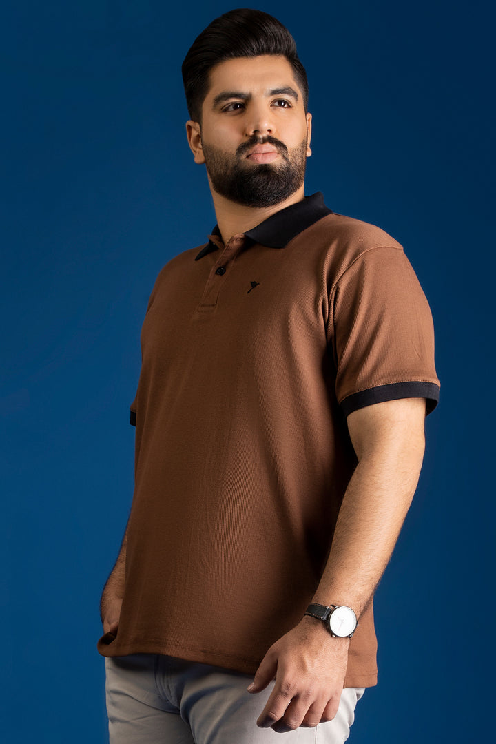 Brown Ribbed Knitted Polo Shirt  (Plus size) - A24 - MP0244P