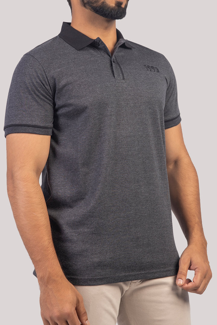 Charcoal Melange Contrast Embroidered Polo Shirt - A23 - MP0210R