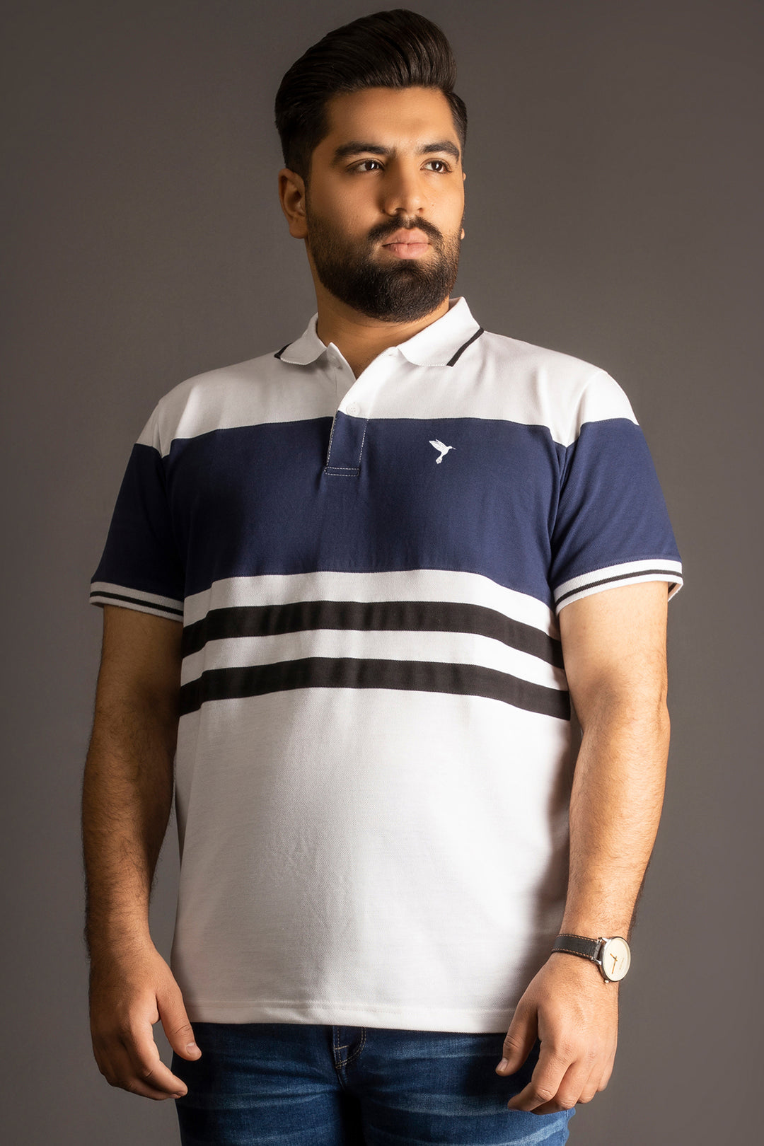 White Contrast Panelled Polo Shirt (Plus size) - A24 - MP0247P