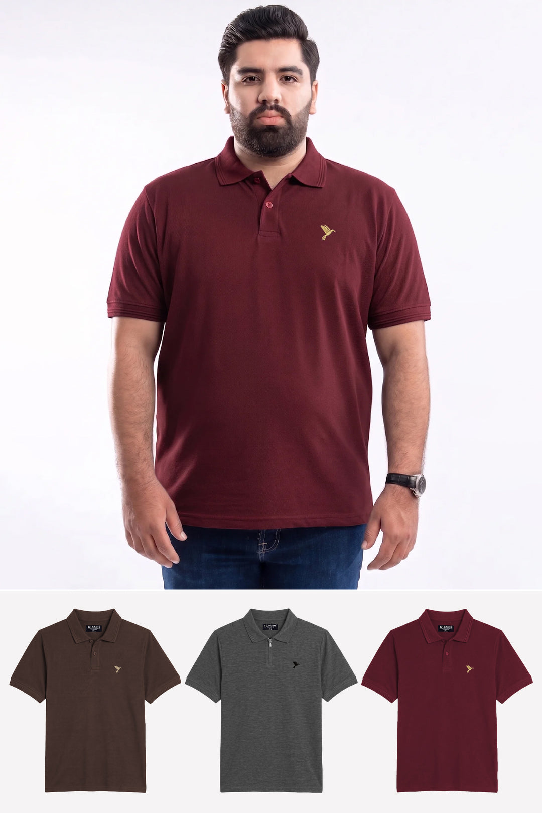 Pack of 3 Plus Size Polo Shirts Brown, Charcoal & Maroon (Plus Size) - A26 - MP0650P
