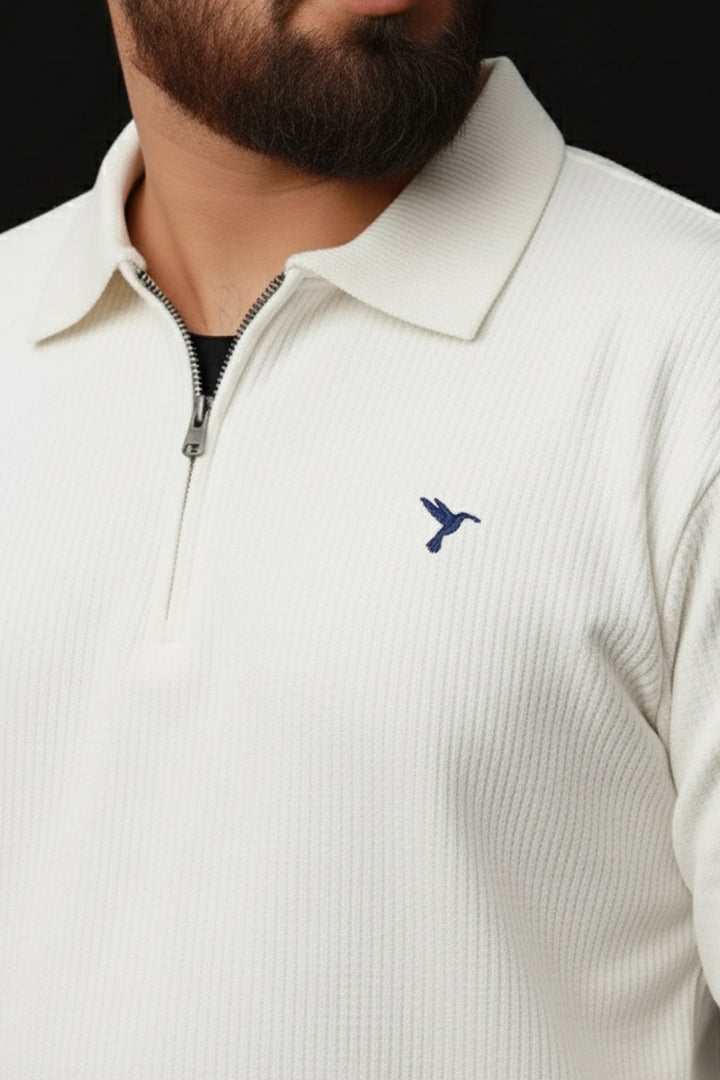 White Cotton Textured Quarter Zip Sweatshirt (Plus Size) - W25 - MSW102P