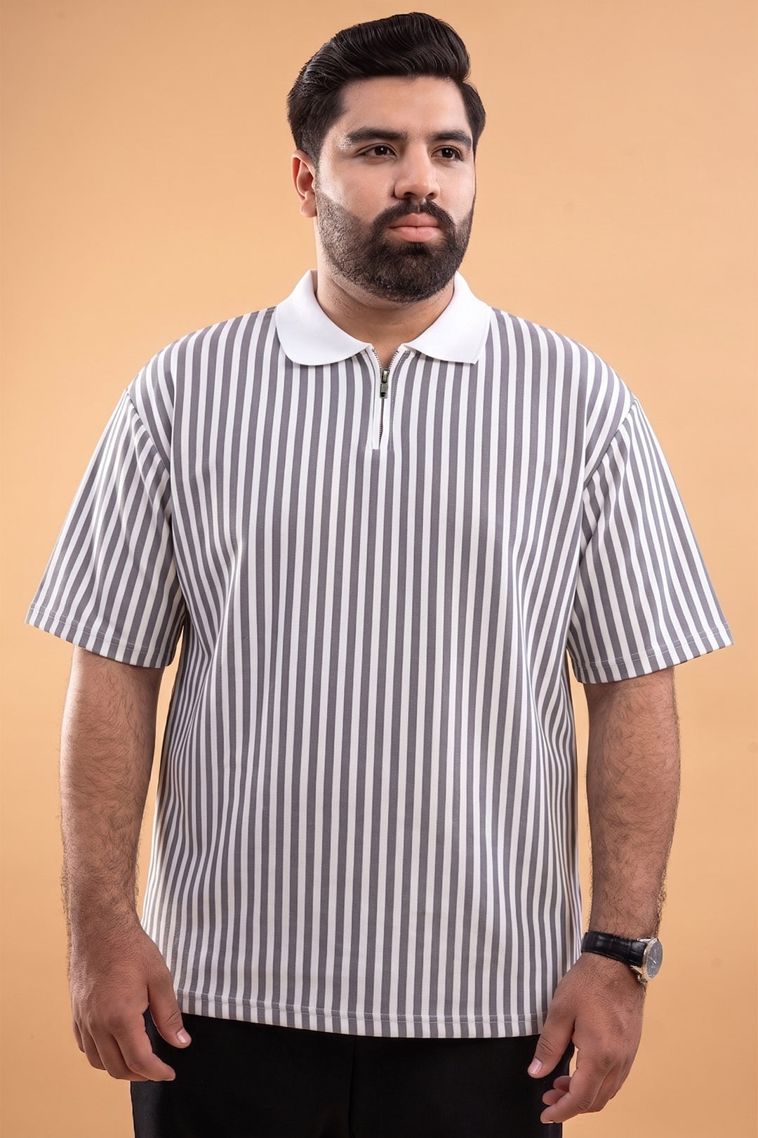 Oversized Striped Quarter-Zip Polo - Grey/White - S26 - MP0618P