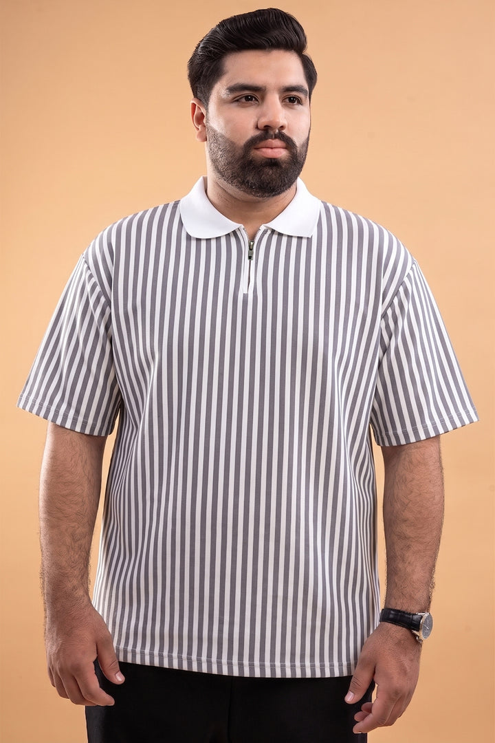 Oversized Striped Quarter-Zip Polo - Grey/White - S26 - MP0618P