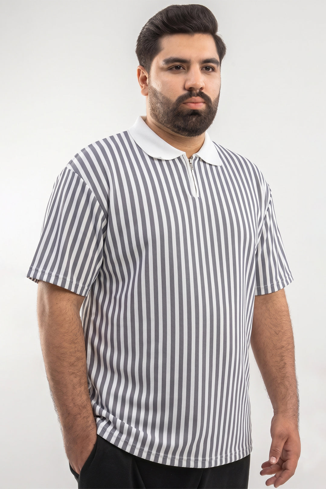 Oversized Striped Quarter-Zip Polo - Grey/White - S26 - MP0618P