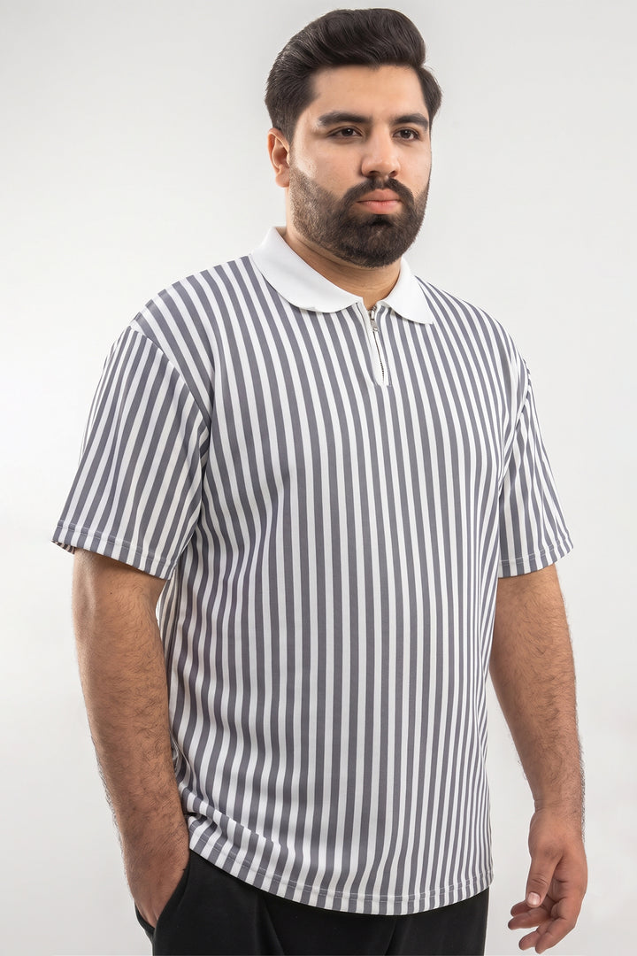 Oversized Striped Quarter-Zip Polo - Grey/White - S26 - MP0618P