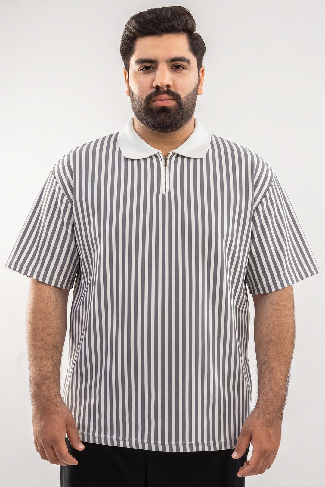 Oversized Striped Quarter-Zip Polo - Grey/White - S26 - MP0618P