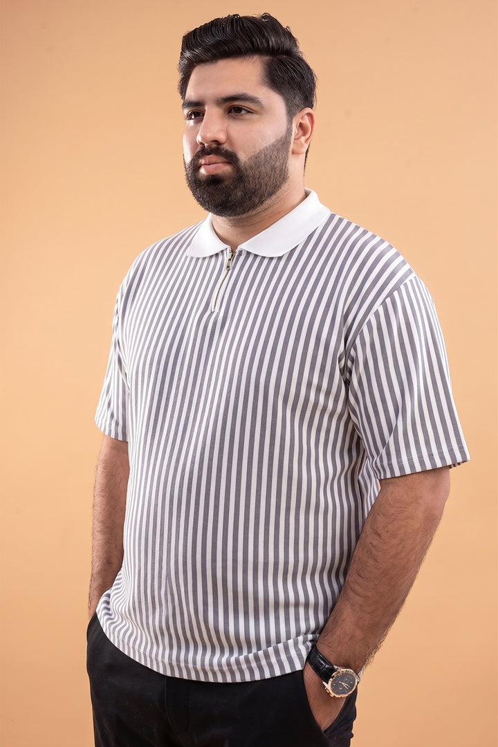 Oversized Striped Quarter-Zip Polo - Grey/White - S26 - MP0618P