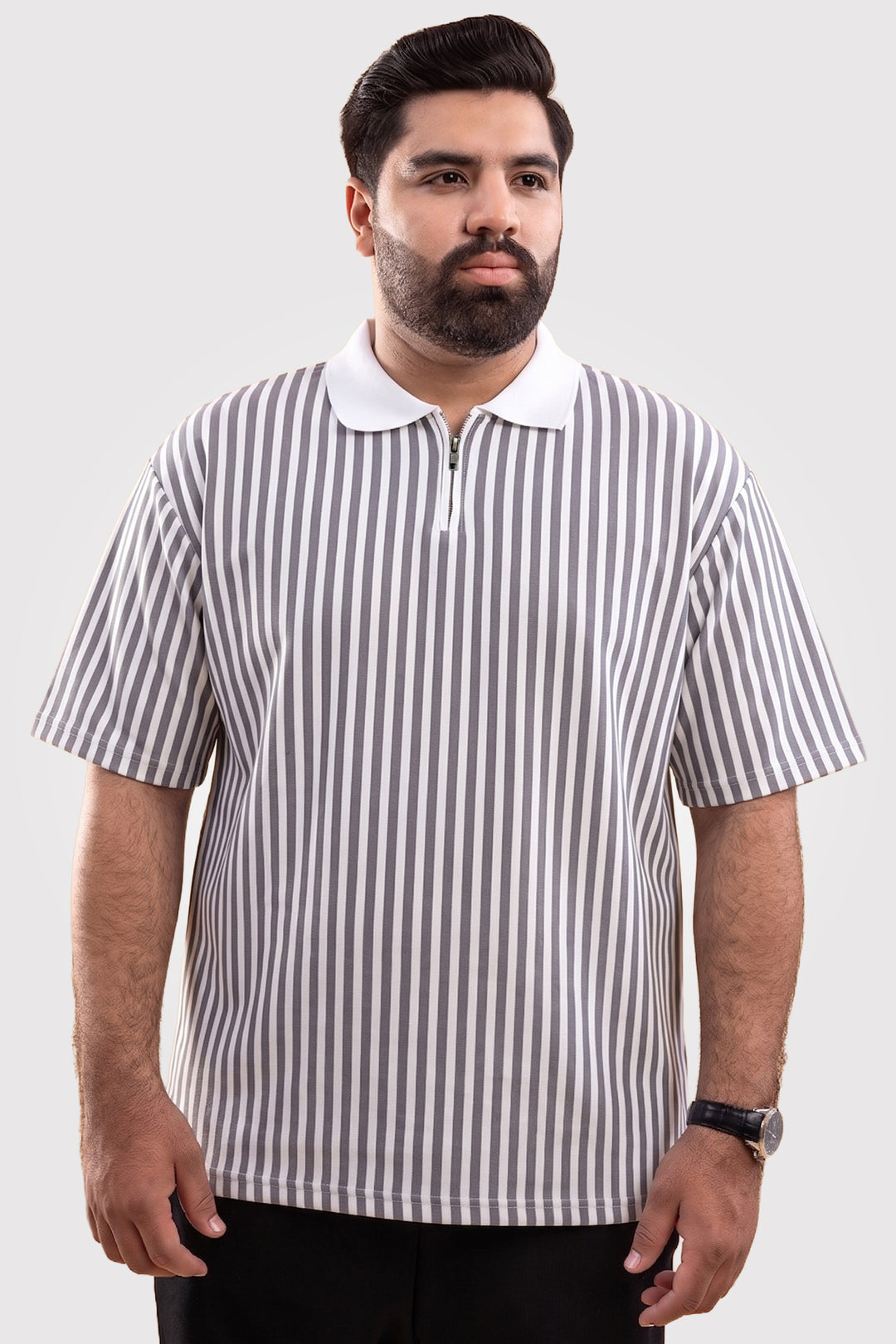 Oversized Striped Quarter-Zip Polo - Grey/White - S26 - MP0618P