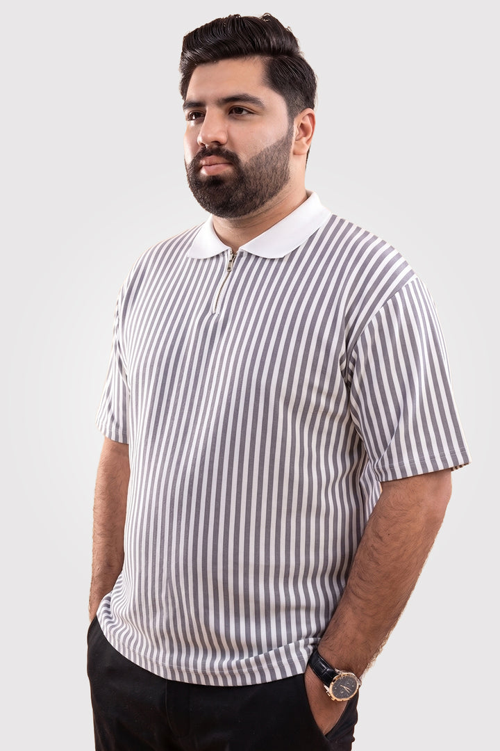 Oversized Striped Quarter-Zip Polo - Grey/White - S26 - MP0618P