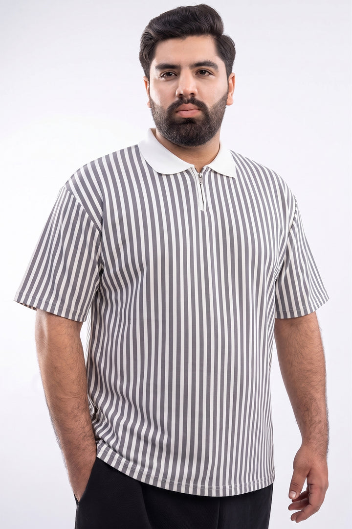 Oversized Striped Quarter-Zip Polo - Grey/White - S26 - MP0618P