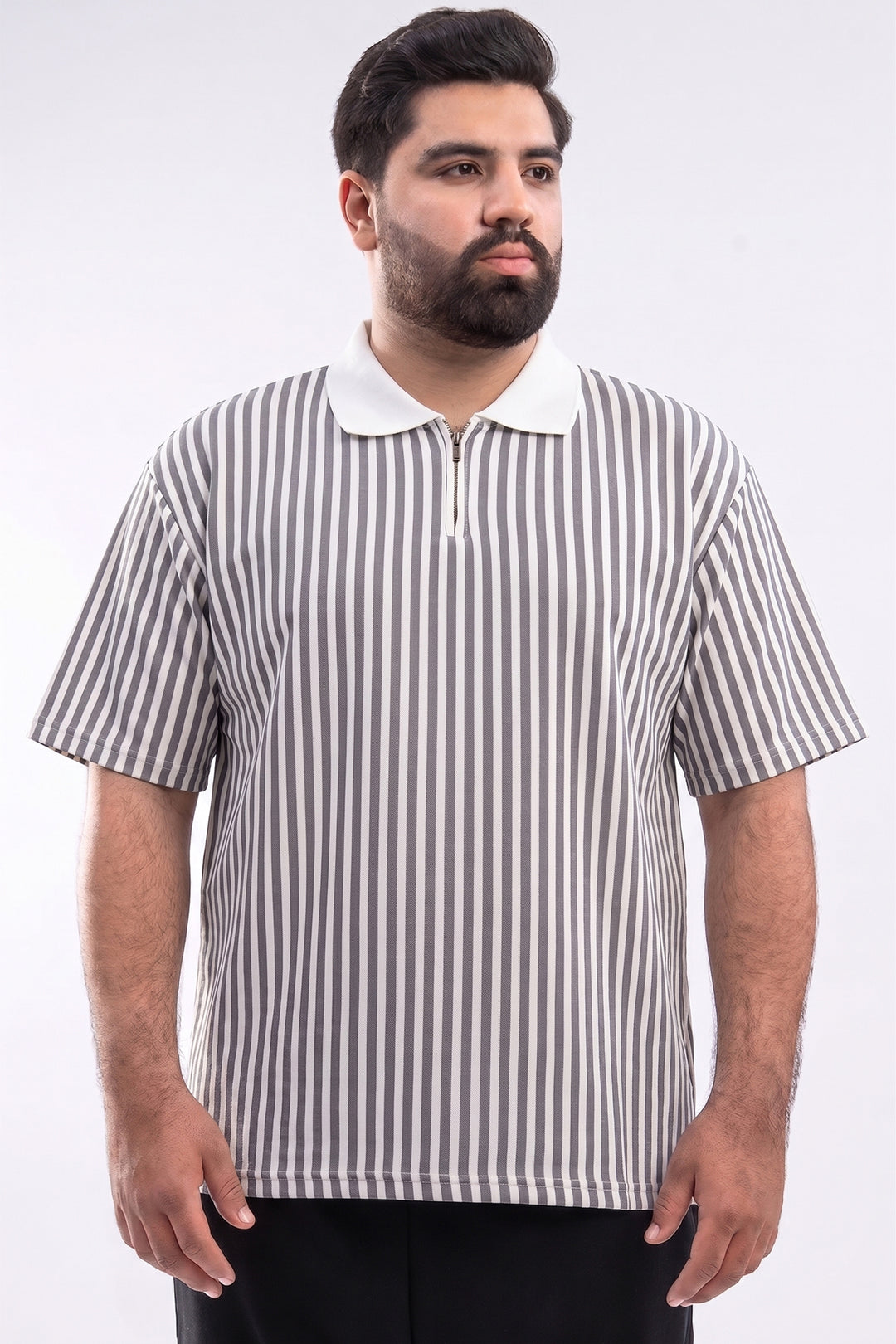 Oversized Striped Quarter-Zip Polo - Grey/White - S26 - MP0618P