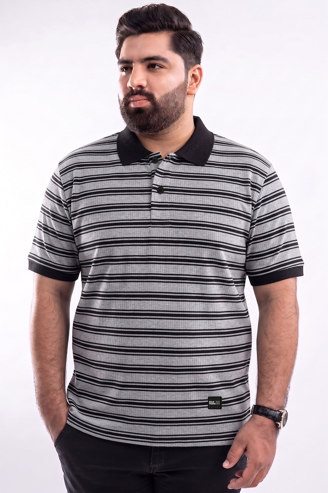 Black & Grey Yarn Dyed Textured Stripe Polo - S26 - MP0615P