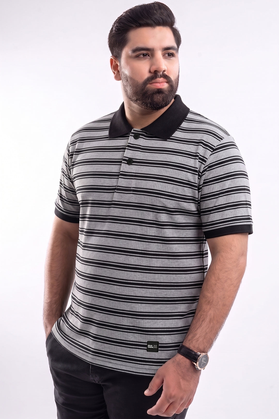 Black & Grey Yarn Dyed Textured Stripe Polo - S26 - MP0615P