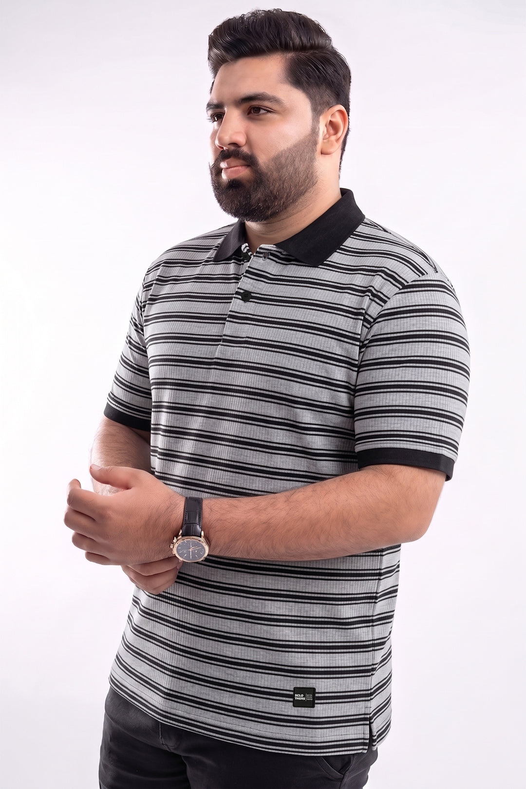Black & Grey Yarn Dyed Textured Stripe Polo - S26 - MP0615P