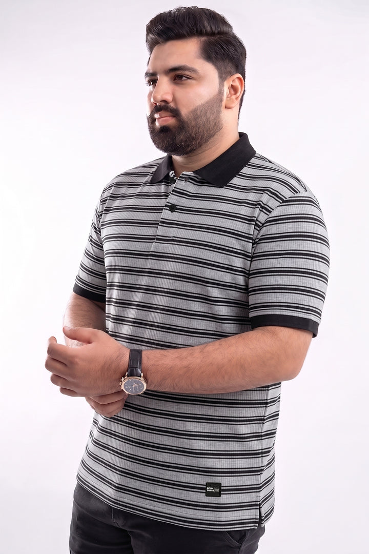 Black & Grey Yarn Dyed Textured Stripe Polo - S26 - MP0615P