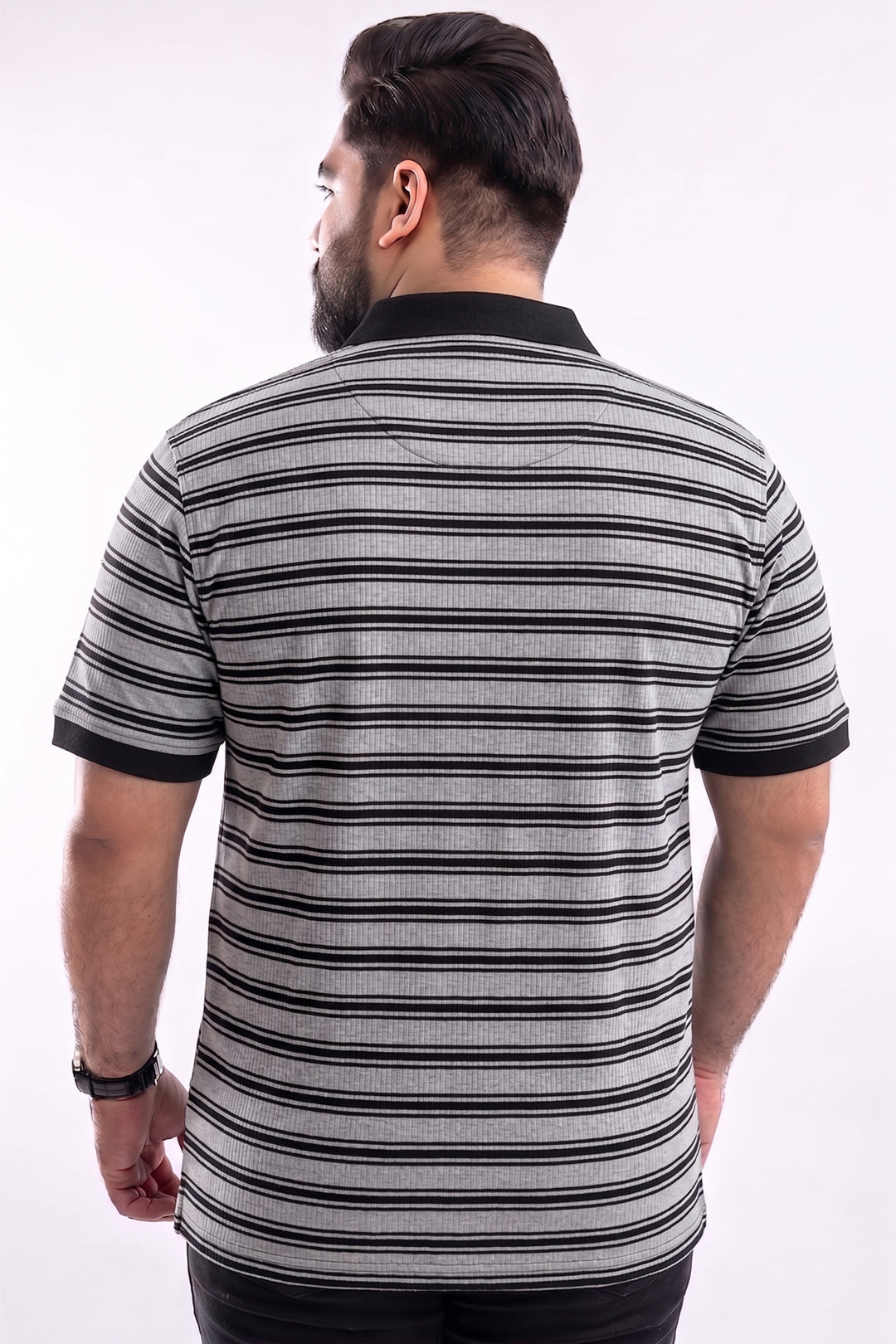 Black & Grey Yarn Dyed Textured Stripe Polo - S26 - MP0615P