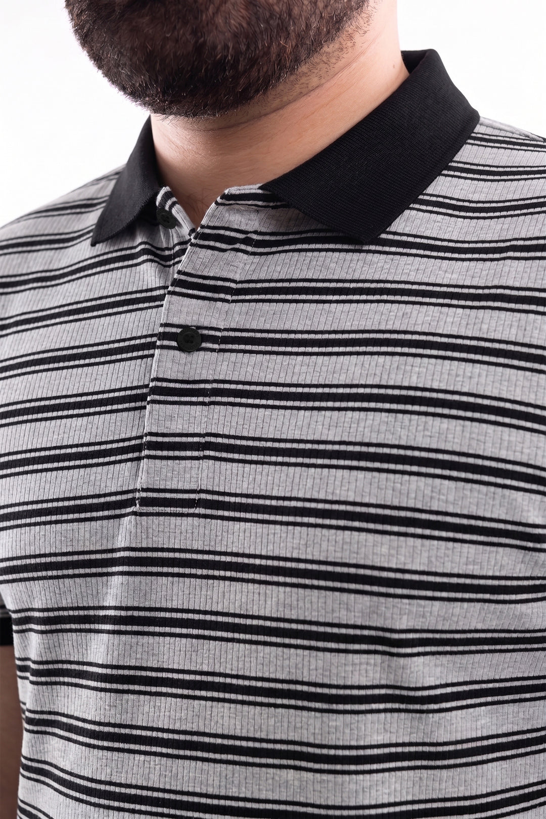 Black & Grey Yarn Dyed Textured Stripe Polo - S26 - MP0615P
