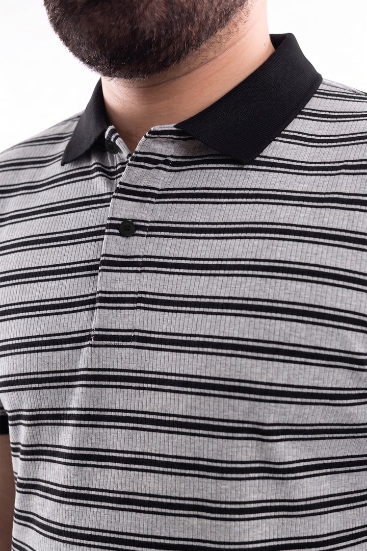Black & Grey Yarn Dyed Textured Stripe Polo - S26 - MP0615P