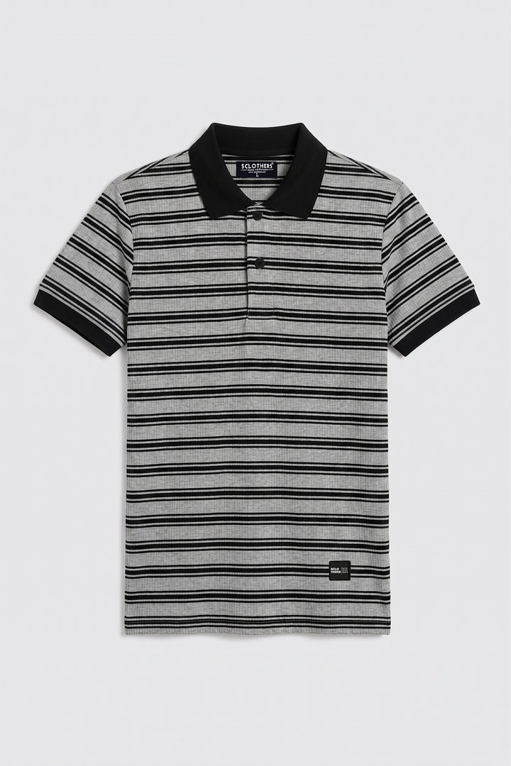 Black & Grey Yarn Dyed Textured Stripe Polo - S26 - MP0615P