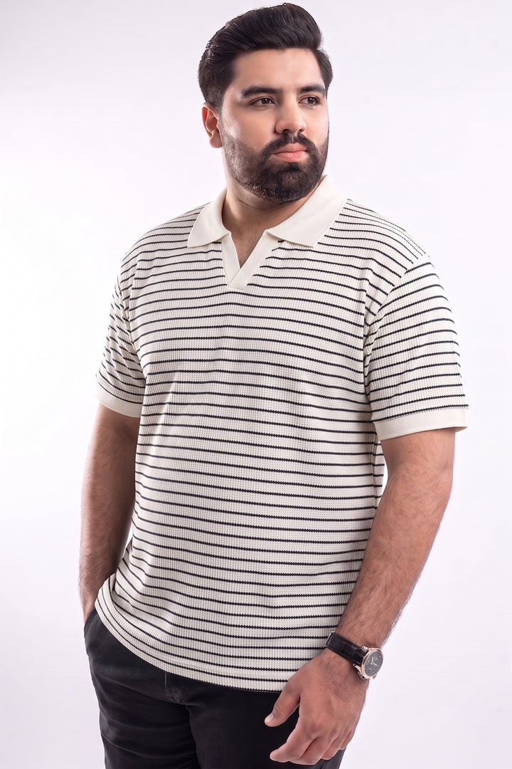 White Yarn-Dyed Textured Johnny Collar Polo - S26 - MP0617P