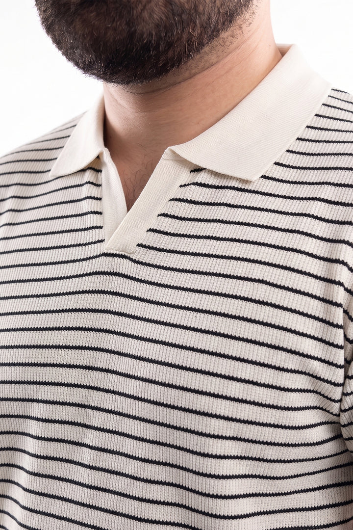 White Yarn-Dyed Textured Johnny Collar Polo - S26 - MP0617P