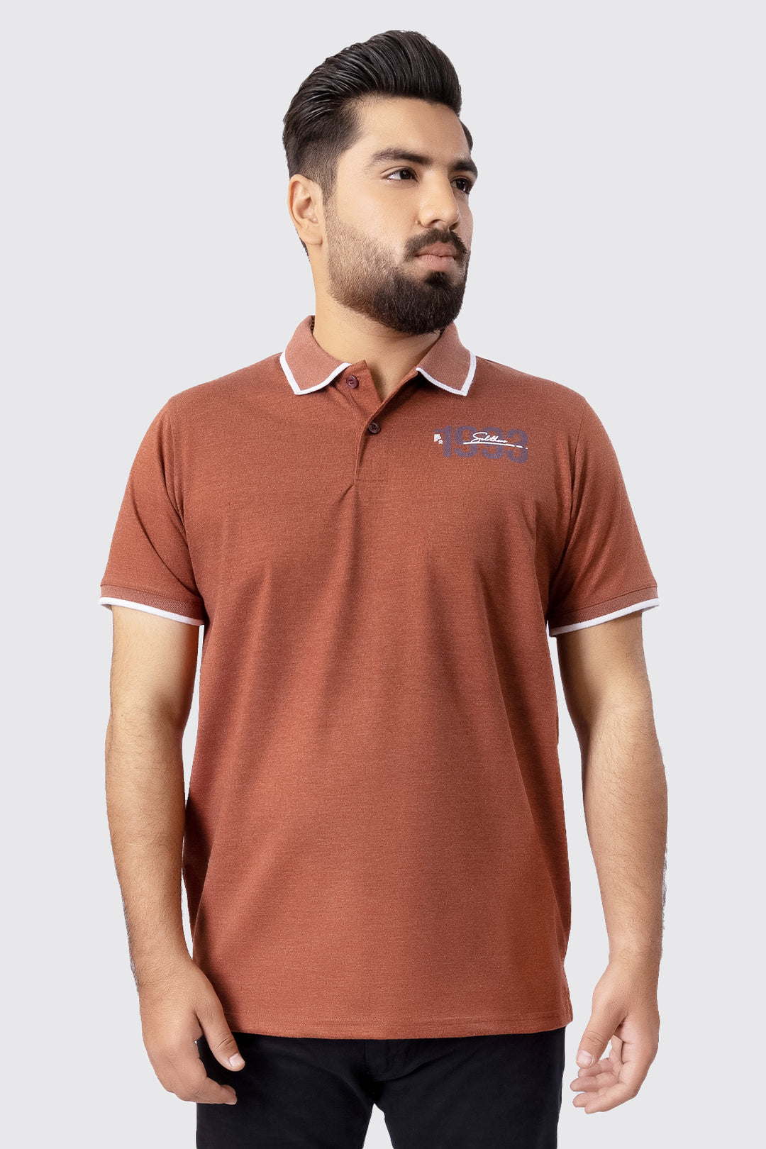 Brown Melange & Blue Tipped Collar Polo Shirt (Plus Size) - A23 - MP0182P