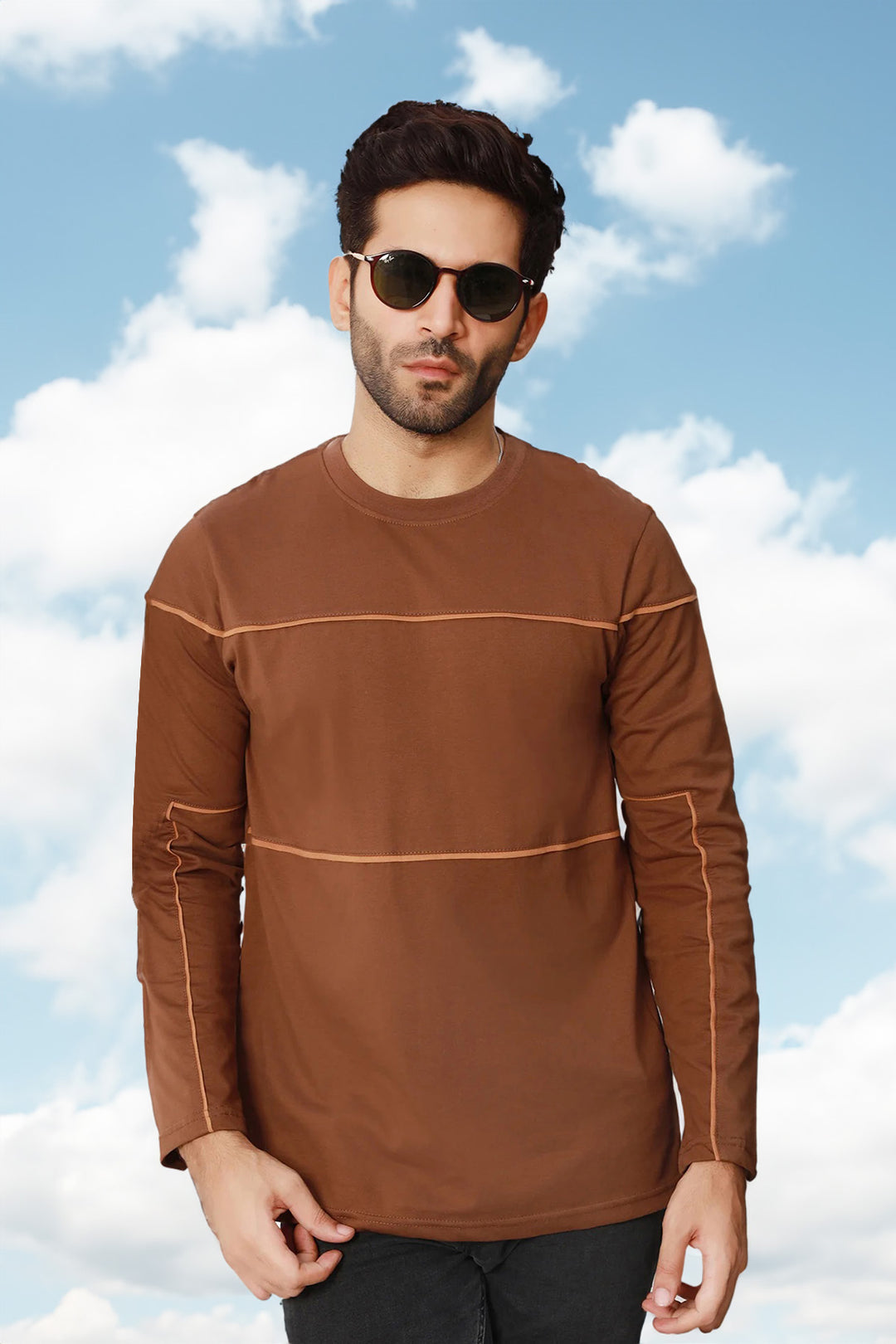 Brown Contrast Piping Panel T-Shirt - W22 - MT0211R