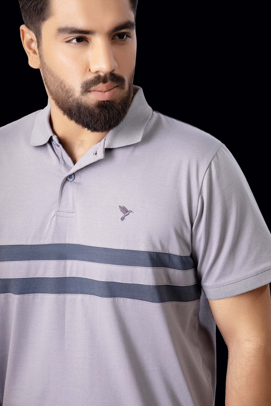 Grey Contrast Panelled Embroidered Polo Shirt (Plus Size) - A23 - MP0209P